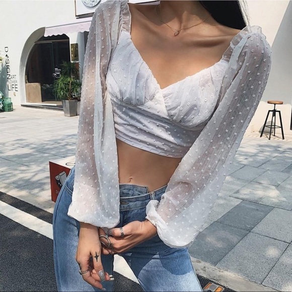 Fashion Nova Tops - White Chiffon Dotted Sweetheart Crop Milkmaid Top